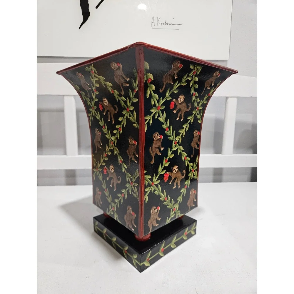 Vintage Toleware Vase or Cachepot Feat. Handpainted Monkeys & Vines